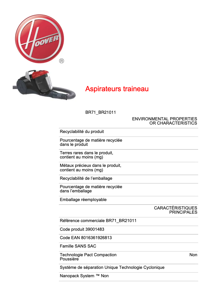 Página 1 del manual Ficha técnica Hoover BR71_BR21011