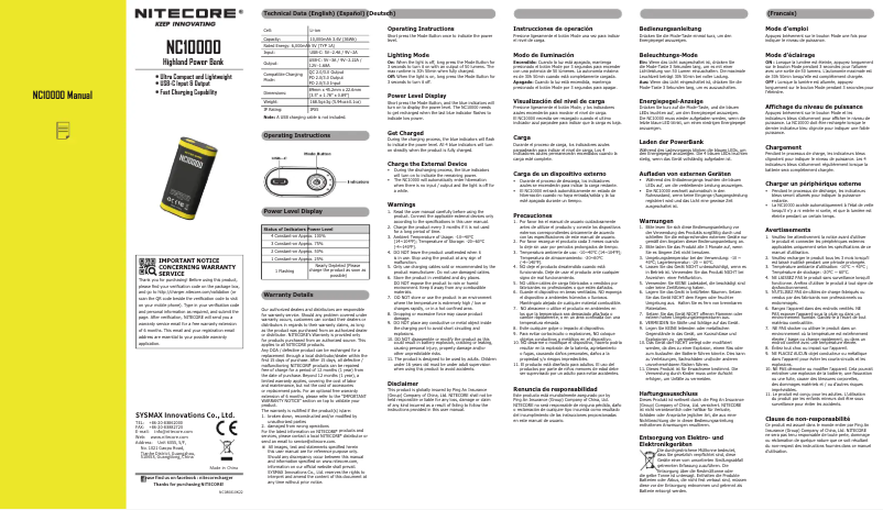 Page 1 de la notice Manuel utilisateur Nitecore NC10000