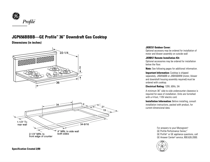 Page 1 of the manual Technical Sheet GE Profile JGP656WBWW
