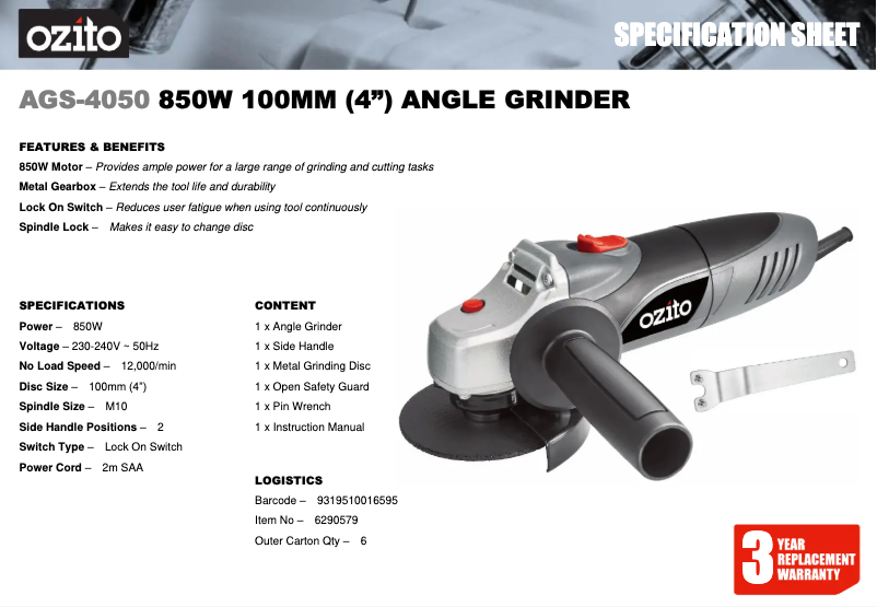 Page 1 de la notice Fiche technique Ozito AGS-4050