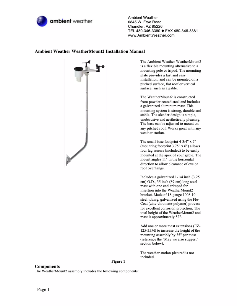 Page 1 de la notice Manuel utilisateur Ambient Weather WeatherMount2