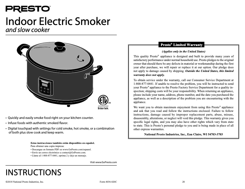 Page 1 de la notice Manuel utilisateur Presto Indoor Electric Smoker 06013