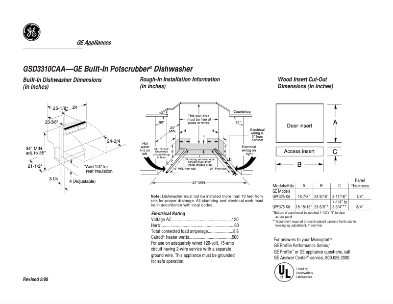 Página 1 del manual Ficha técnica GE GSD3310CAA