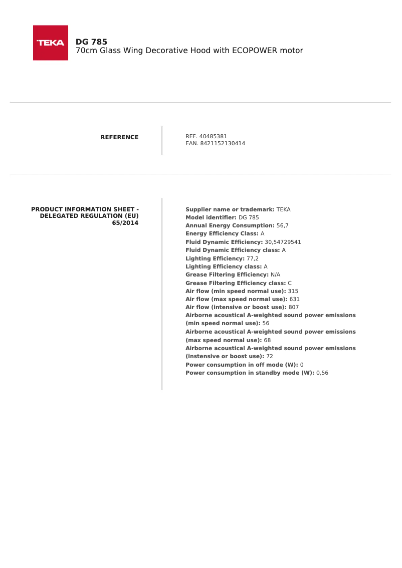 Page 1 de la notice Fiche technique Teka DG 985