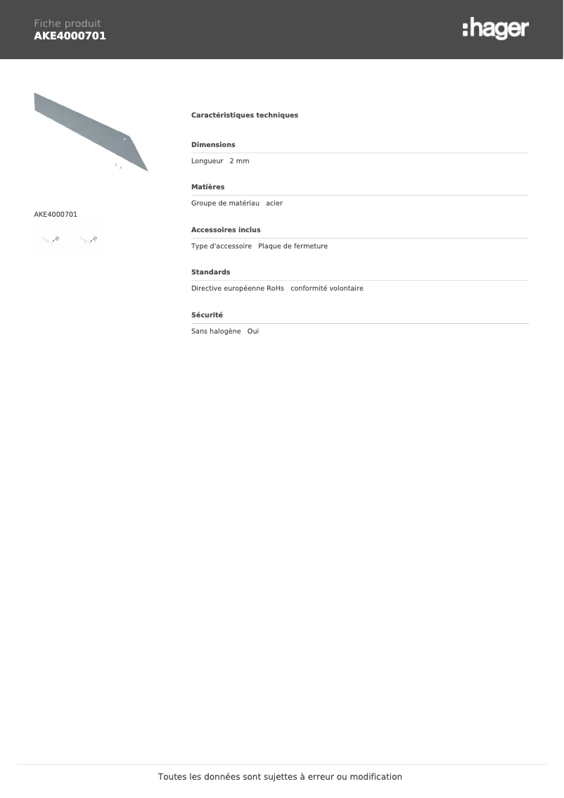 Page 1 de la notice Fiche technique Hager AKE4000701