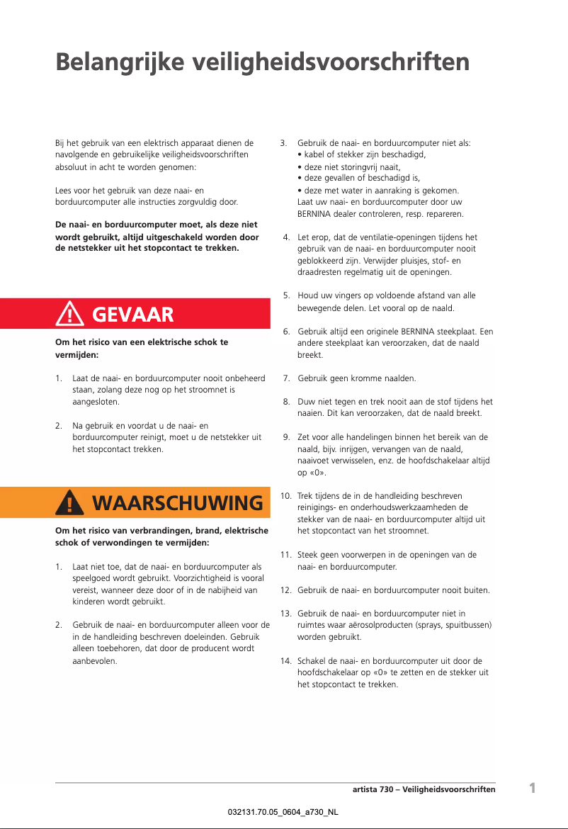Page 1 de la notice Manuel utilisateur Bernina Artista 730