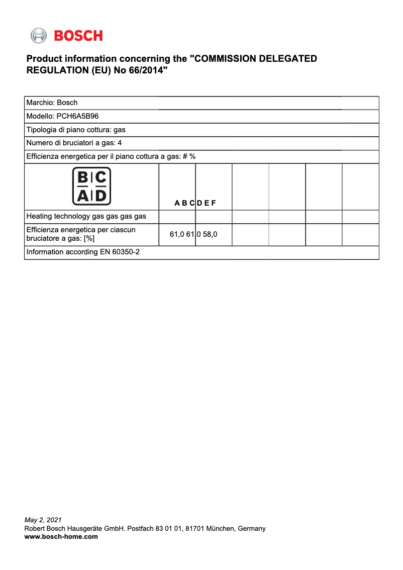 Page 1 de la notice Fiche technique Bosch PCH6A5B96