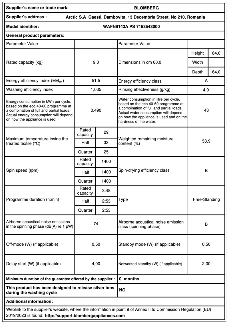 Page 1 de la notice Fiche technique Beko WAFN9143A PS
