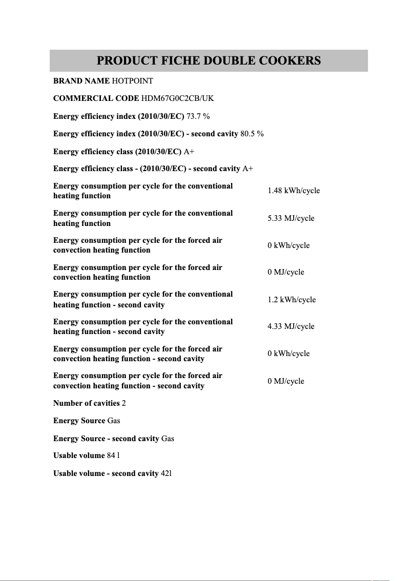 Page 1 de la notice Fiche technique Hotpoint HDM67G0C2CB/UK