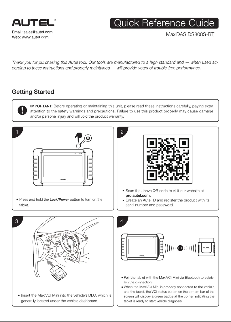 Page 1 de la notice Guide de démarrage rapide Autel MaxiDAS DS808S-BT