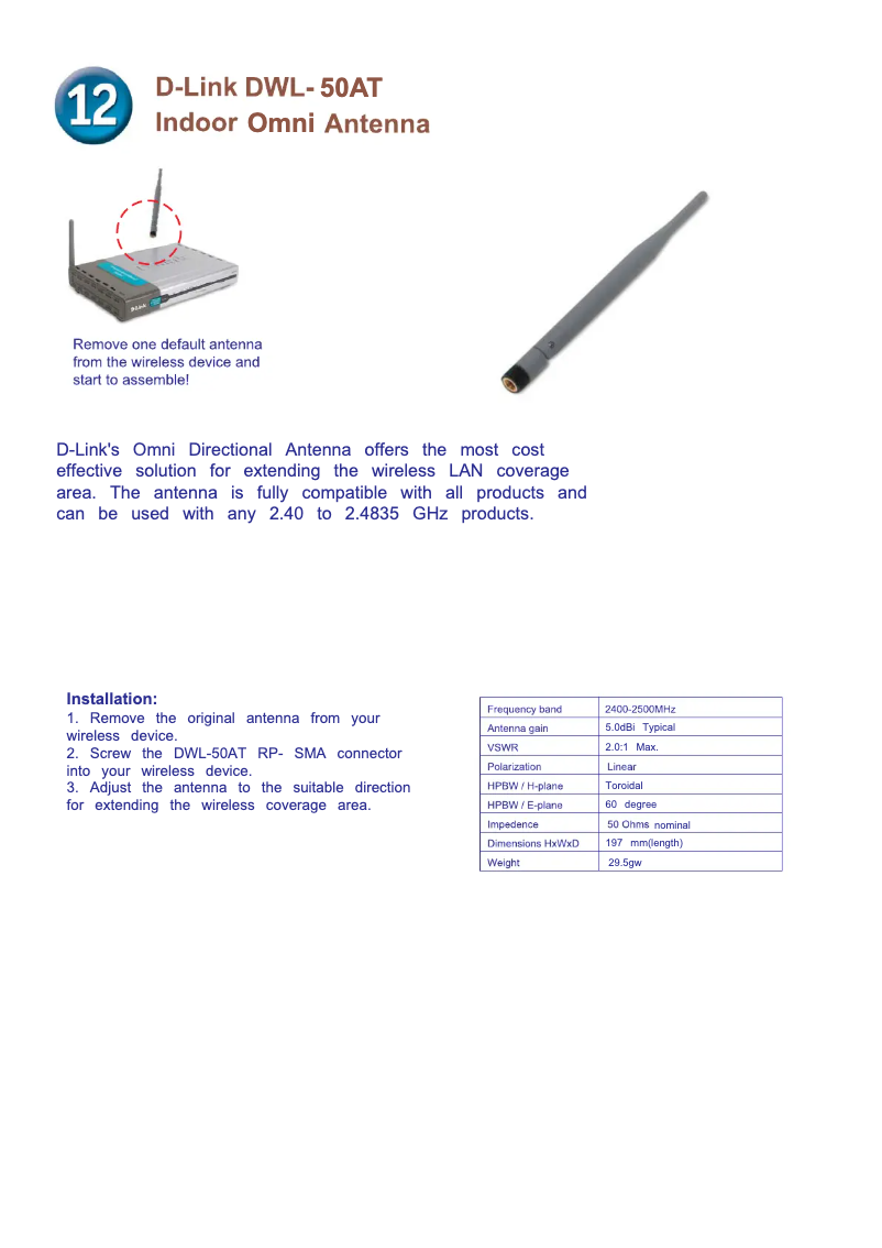 Page 1 de la notice Guide d'installation D-Link DWL-50AT