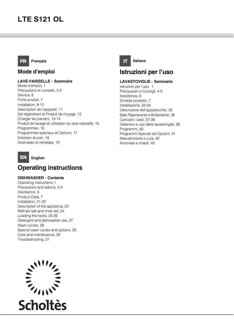 Page 1 de la notice Manuel utilisateur Scholtès LTE S121 OL