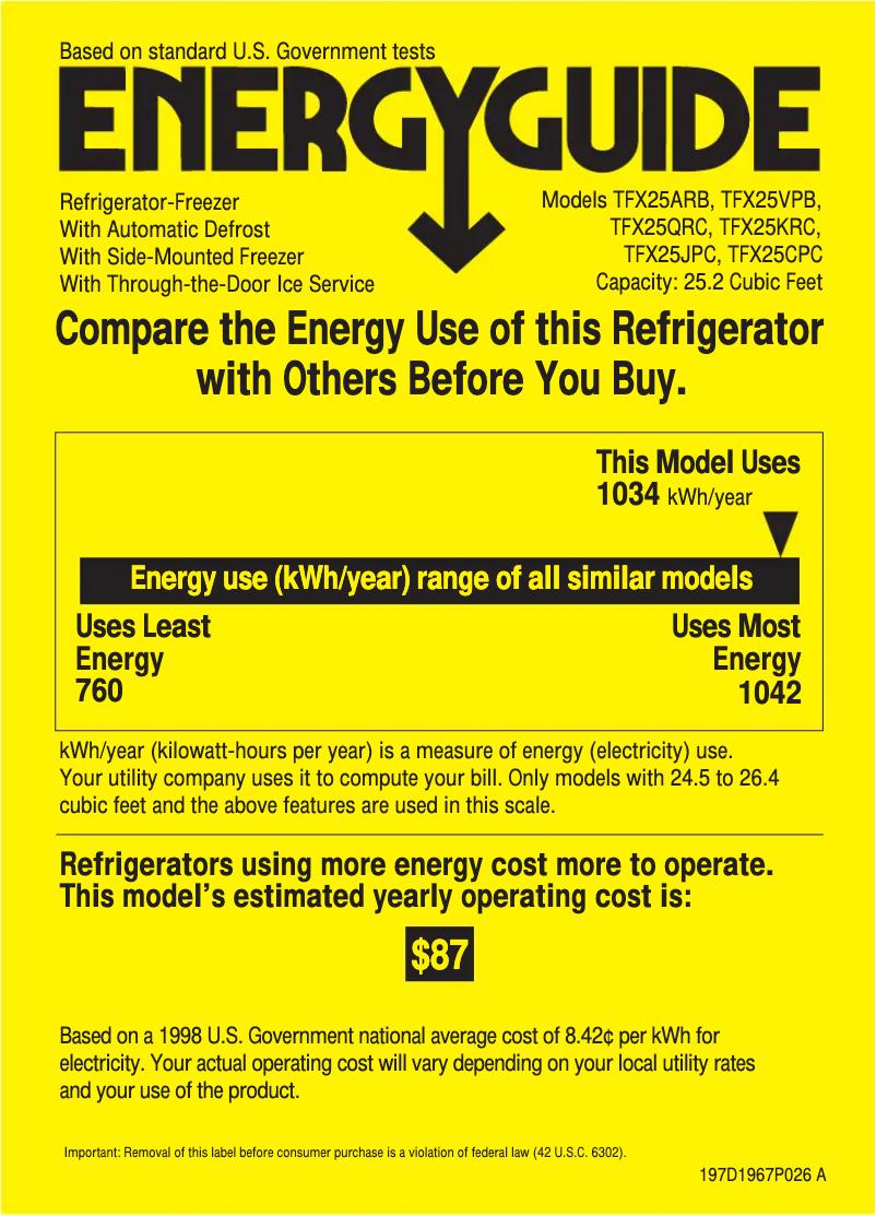 Page 1 de la notice Label énergétique GE TFX25QRCWW