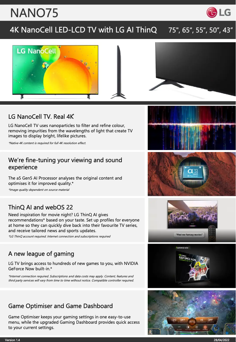 Page 1 of the manual Technical Sheet LG 65NANO75SQA