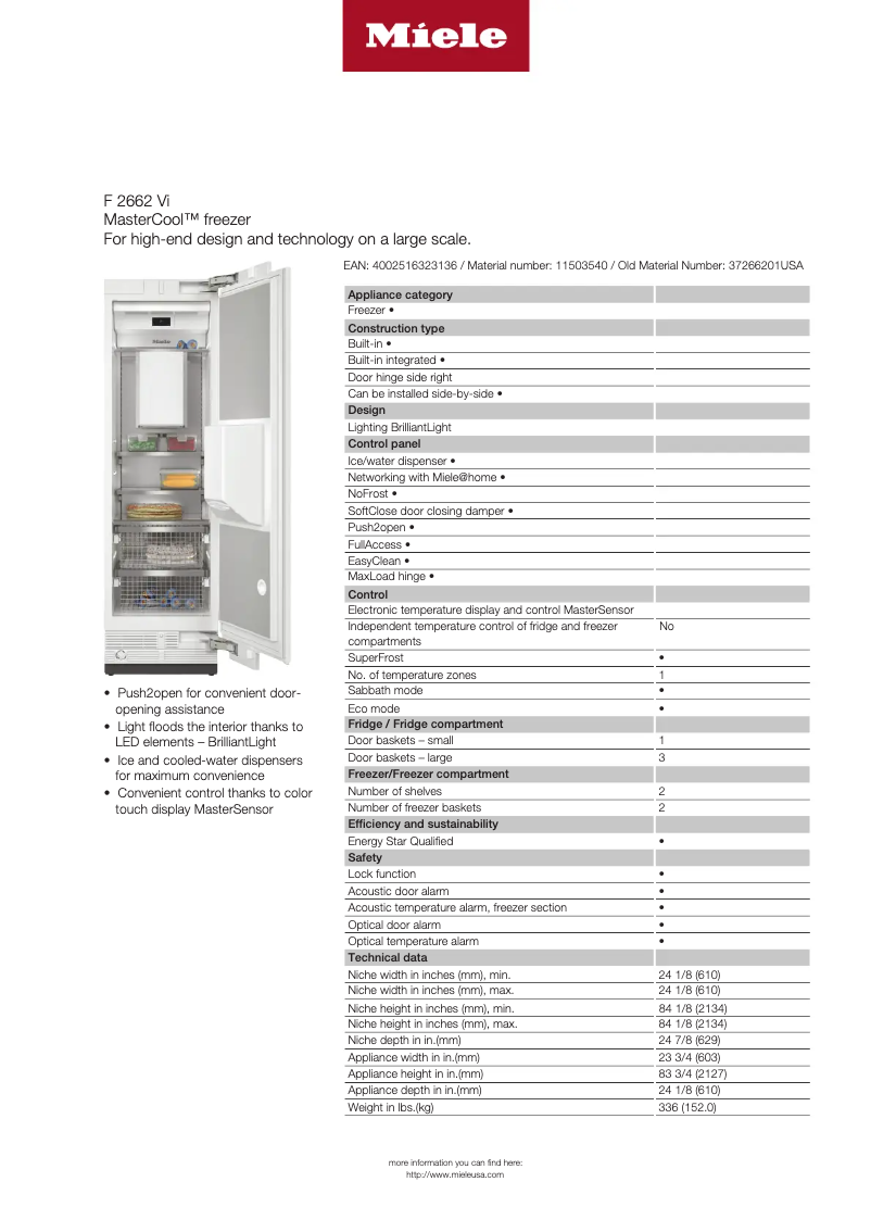 Page 1 de la notice Fiche technique Miele F 2662 Vi
