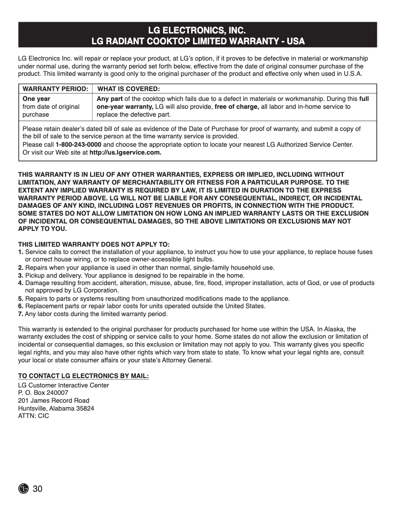 Page 1 de la notice Informations de garantie LG LCE3610SB