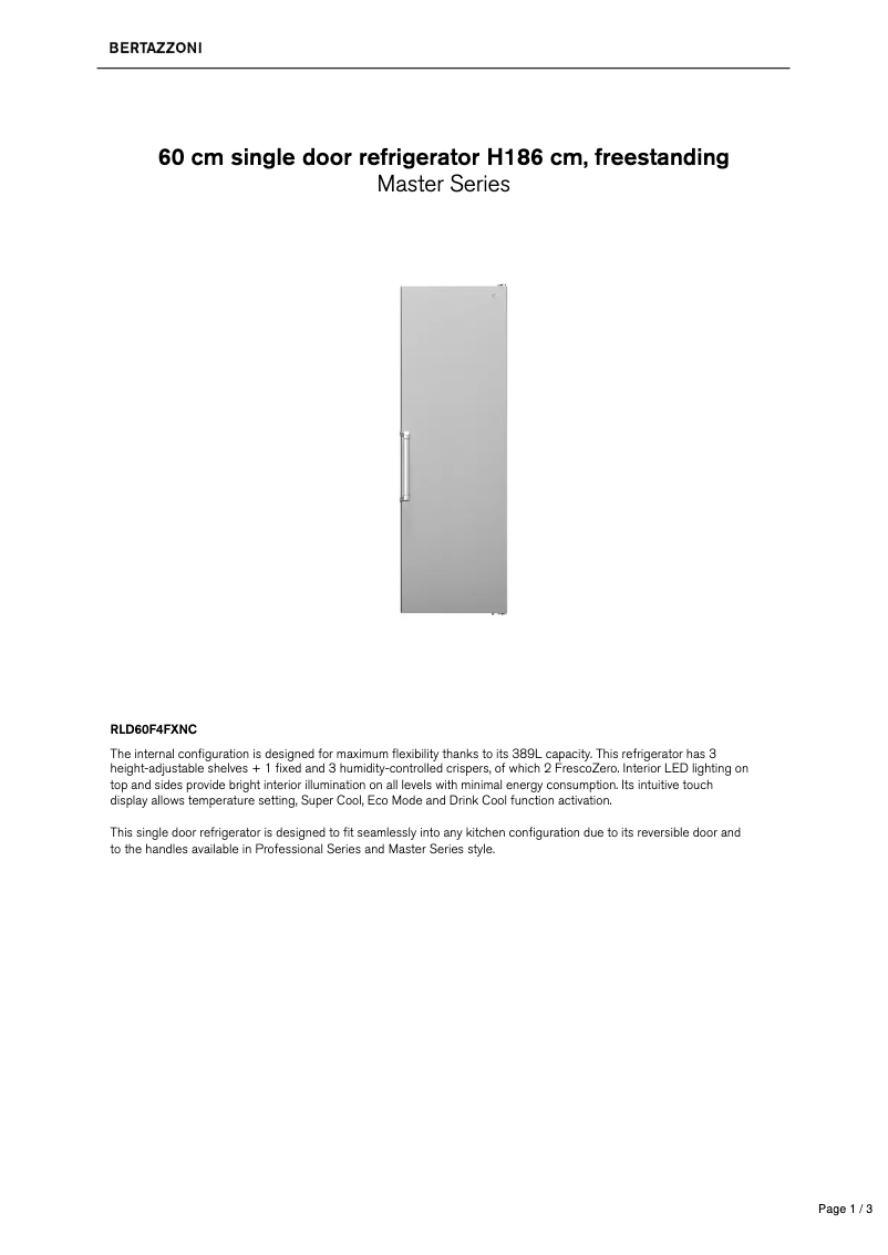 Page 1 de la notice Fiche technique Bertazzoni RLD60F4FXNC