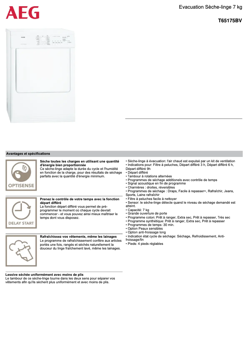 Page 1 de la notice Fiche technique AEG T65175BV