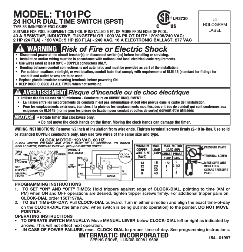 Página 1 del manual Manual de usuario Intermatic T101PC