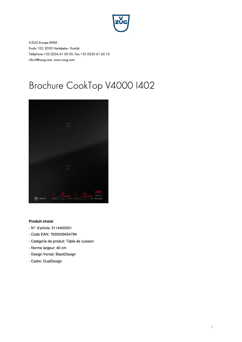 Page 1 of the manual Brochure V-Zug CookTop V4000 I402