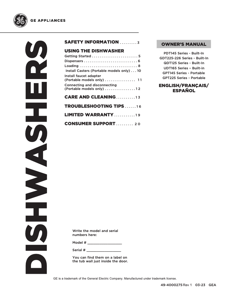 Page 1 of the manual Use and Maintenance Manual GE GDT225SGLBB
