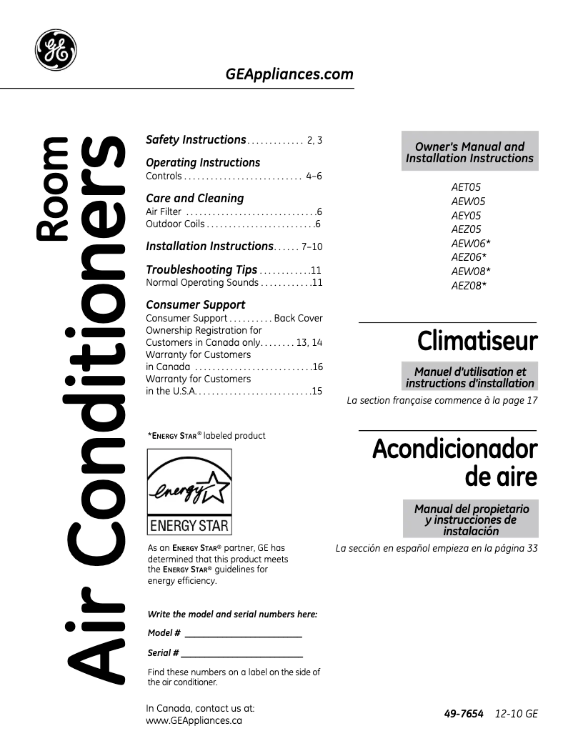 Página 1 del manual Guía de instalación GE AEY05LQ