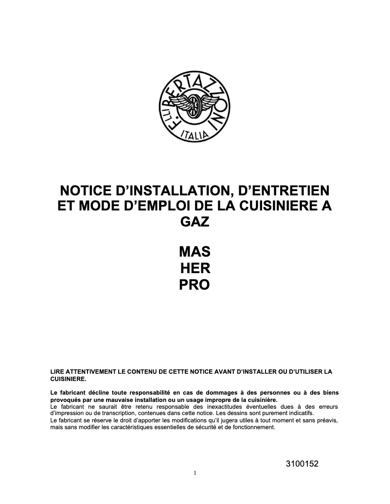 Page 1 de la notice Manuel utilisateur Bertazzoni PRO106L3ENET