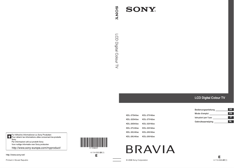 Page 1 de la notice Manuel utilisateur Sony Bravia KDL-26S4000K