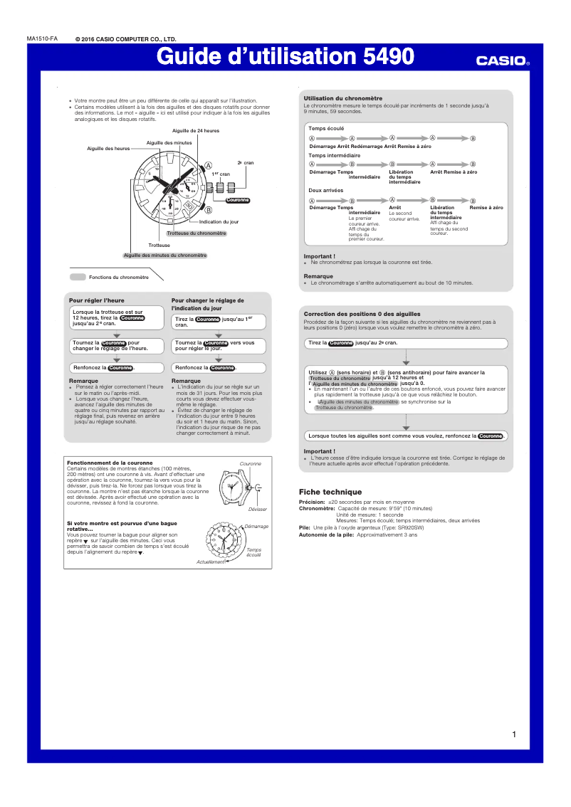 Page 1 de la notice Manuel utilisateur Casio EFR-552GL-7AVUEF