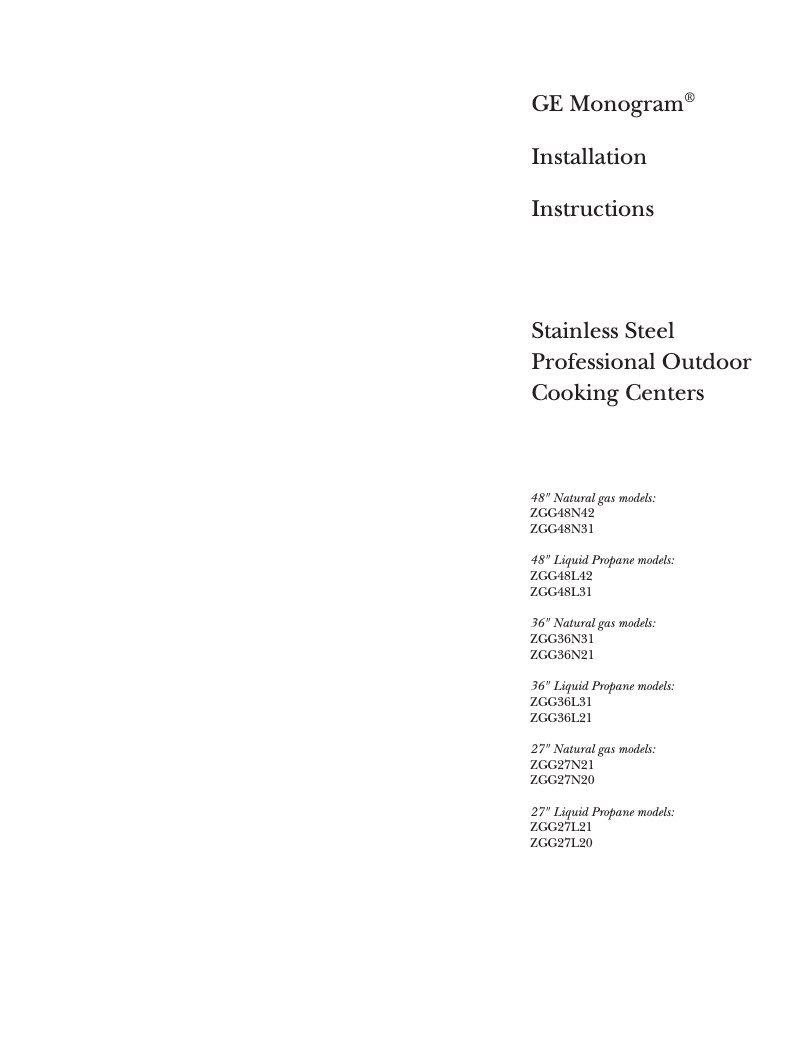 Page 1 de la notice Guide d'installation GE ZGG27N21CSS