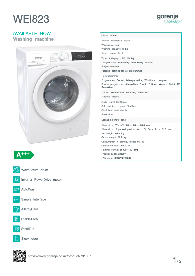 Página 1 del manual Ficha técnica Gorenje WEI823