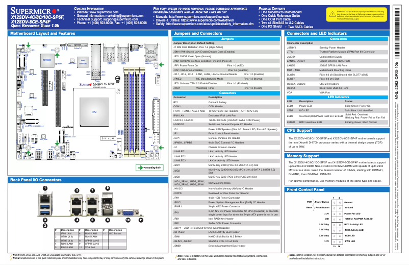 Page 1 de la notice Guide de démarrage rapide Supermicro X12SDV-4C-SP6F