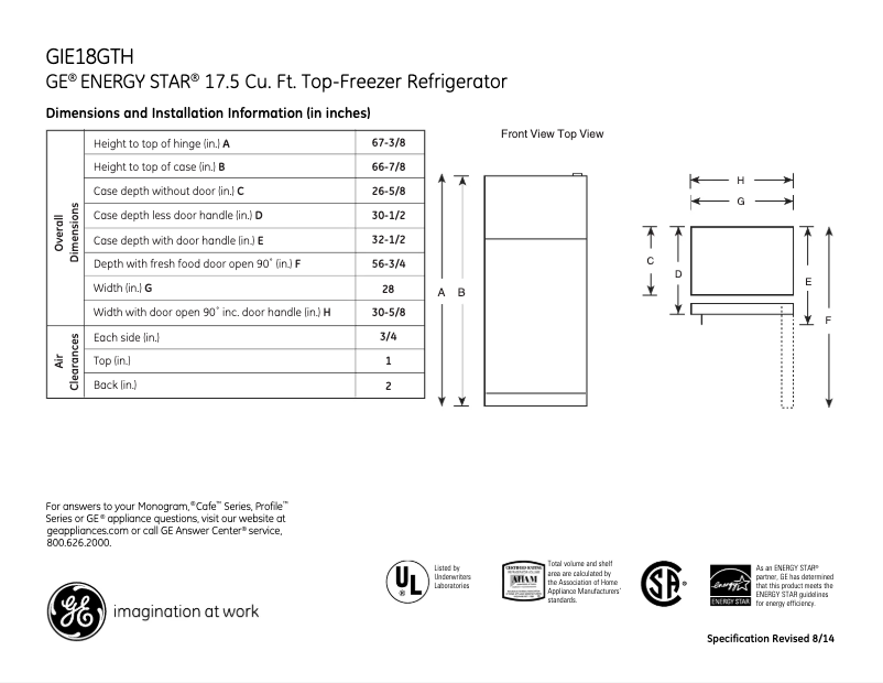 Page 1 de la notice Fiche technique GE GIE18GTHWW