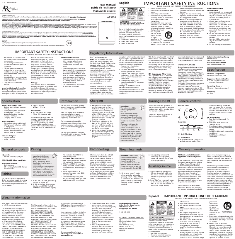 Page 1 of the manual User Manual VOXX ARS120WH