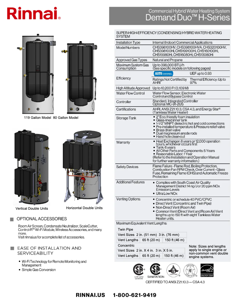 Page 1 de la notice Fiche technique Rinnai CHS13080HiP