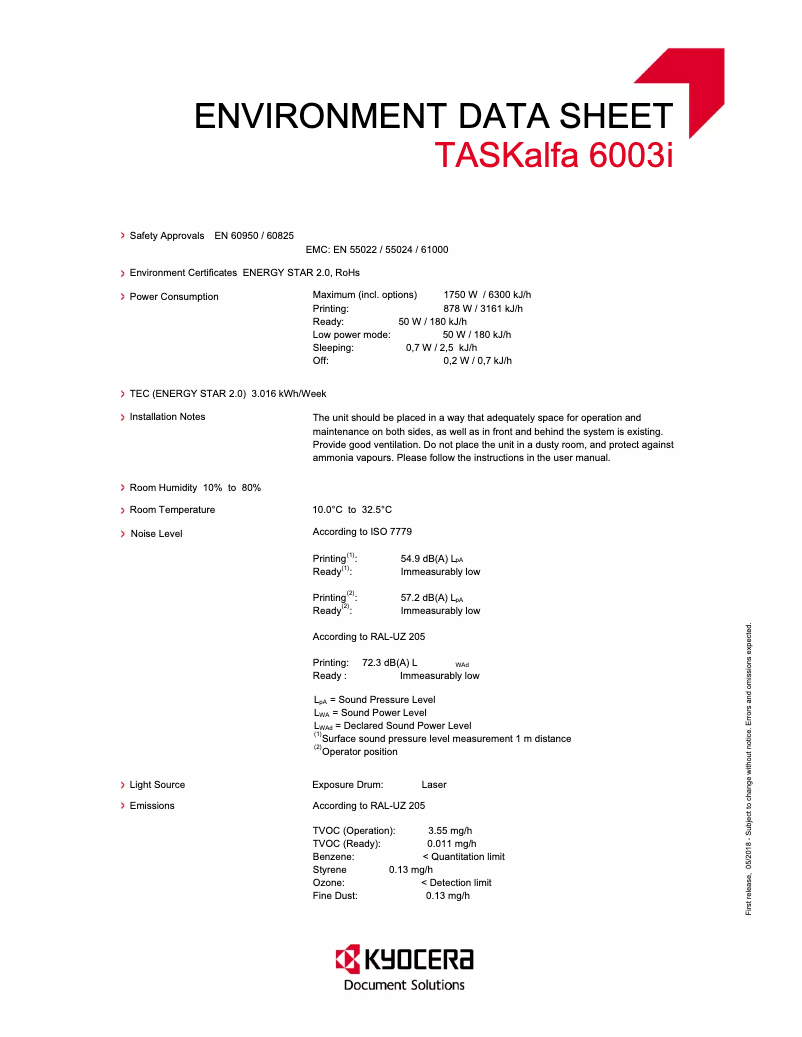 Page 1 de la notice Fiche technique Kyocera TASKalfa 6003i