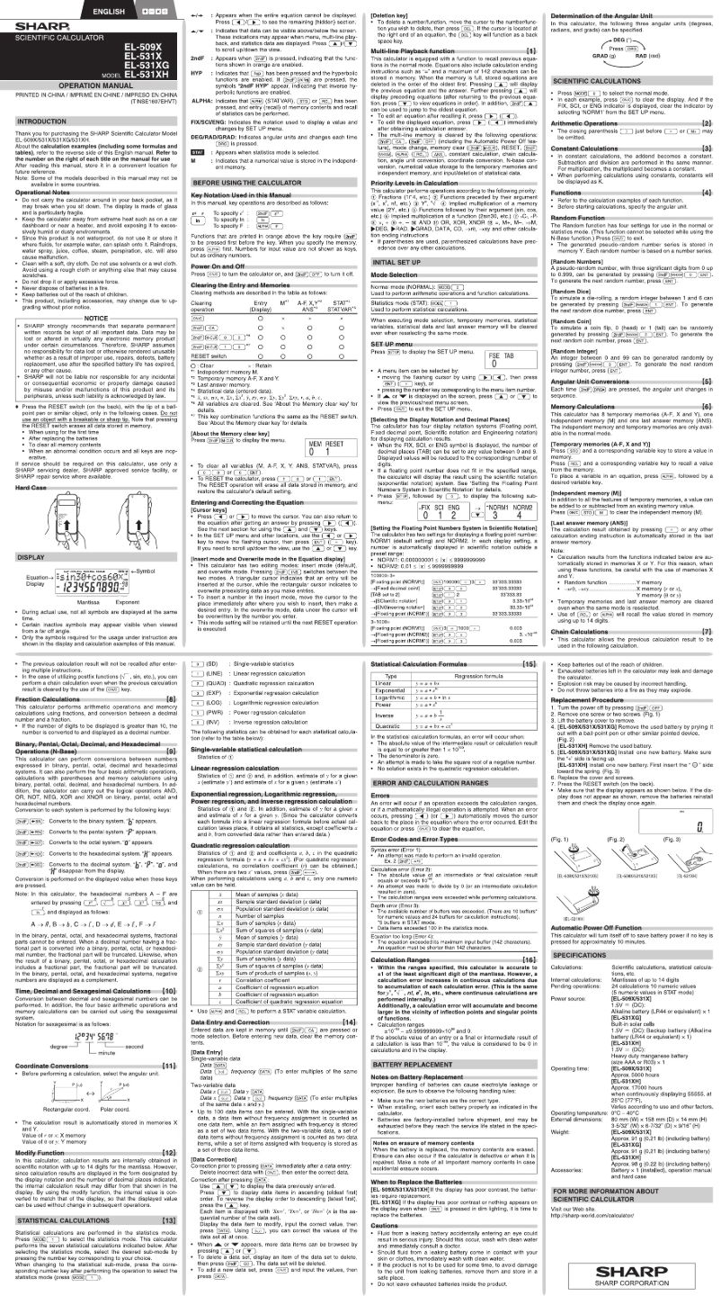 Page 1 de la notice Manuel utilisateur Sharp EL-531X