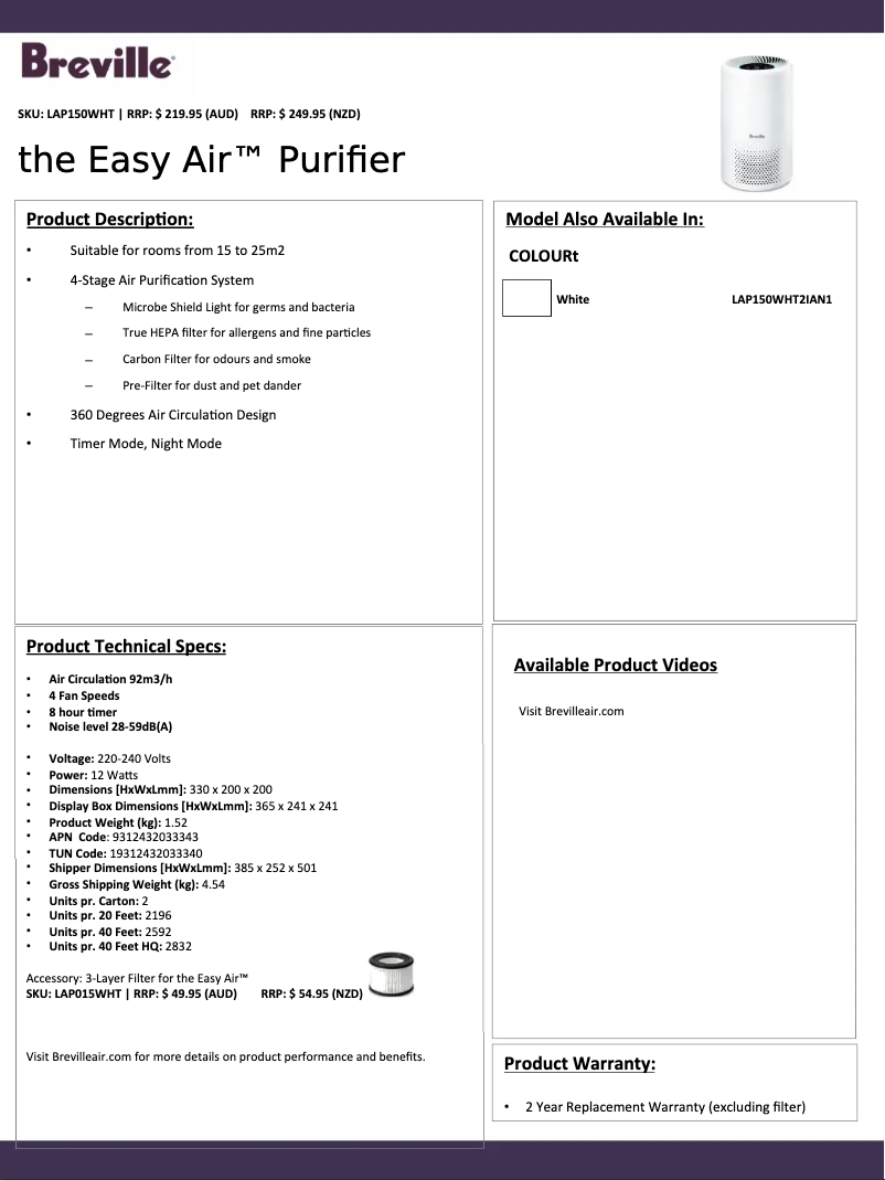 Page 1 de la notice Fiche technique Breville Easy Air LAP150