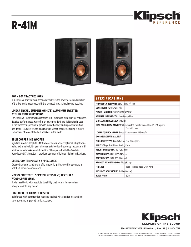 Page 1 de la notice Fiche technique Klipsch Reference R-41M