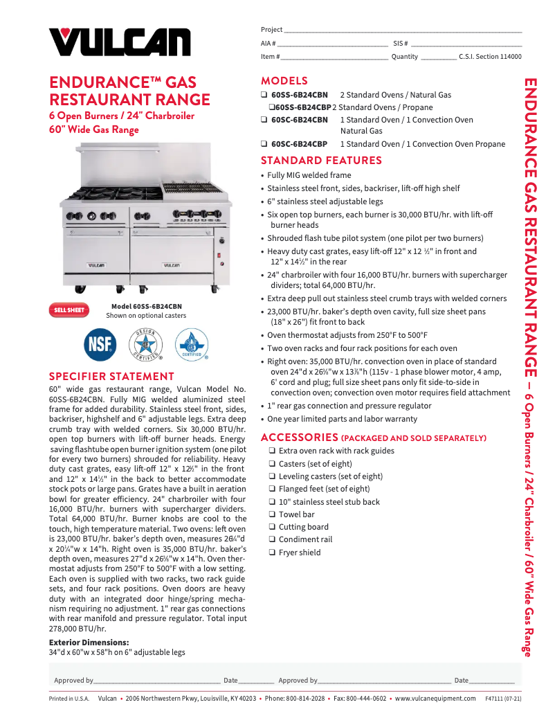 Page 1 of the manual Technical Sheet Vulcan 60SS-6B24CB