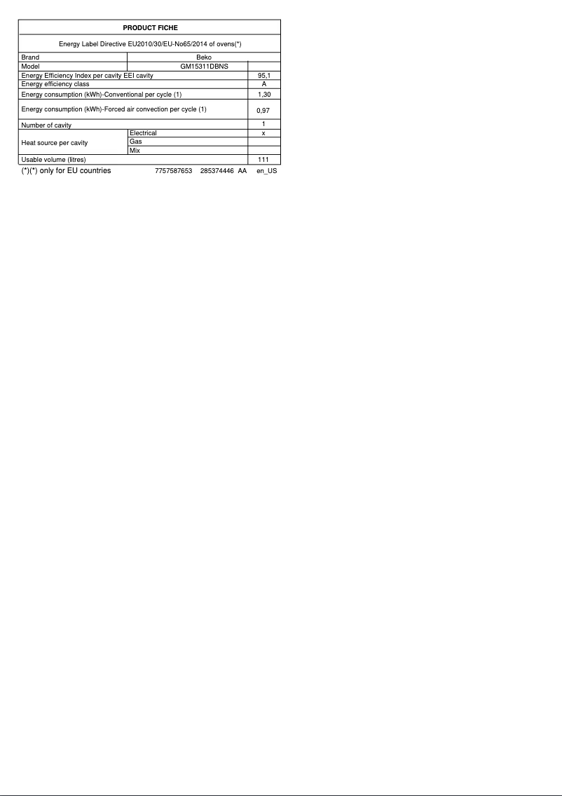 Page 1 de la notice Fiche technique Beko GM15311DBNS