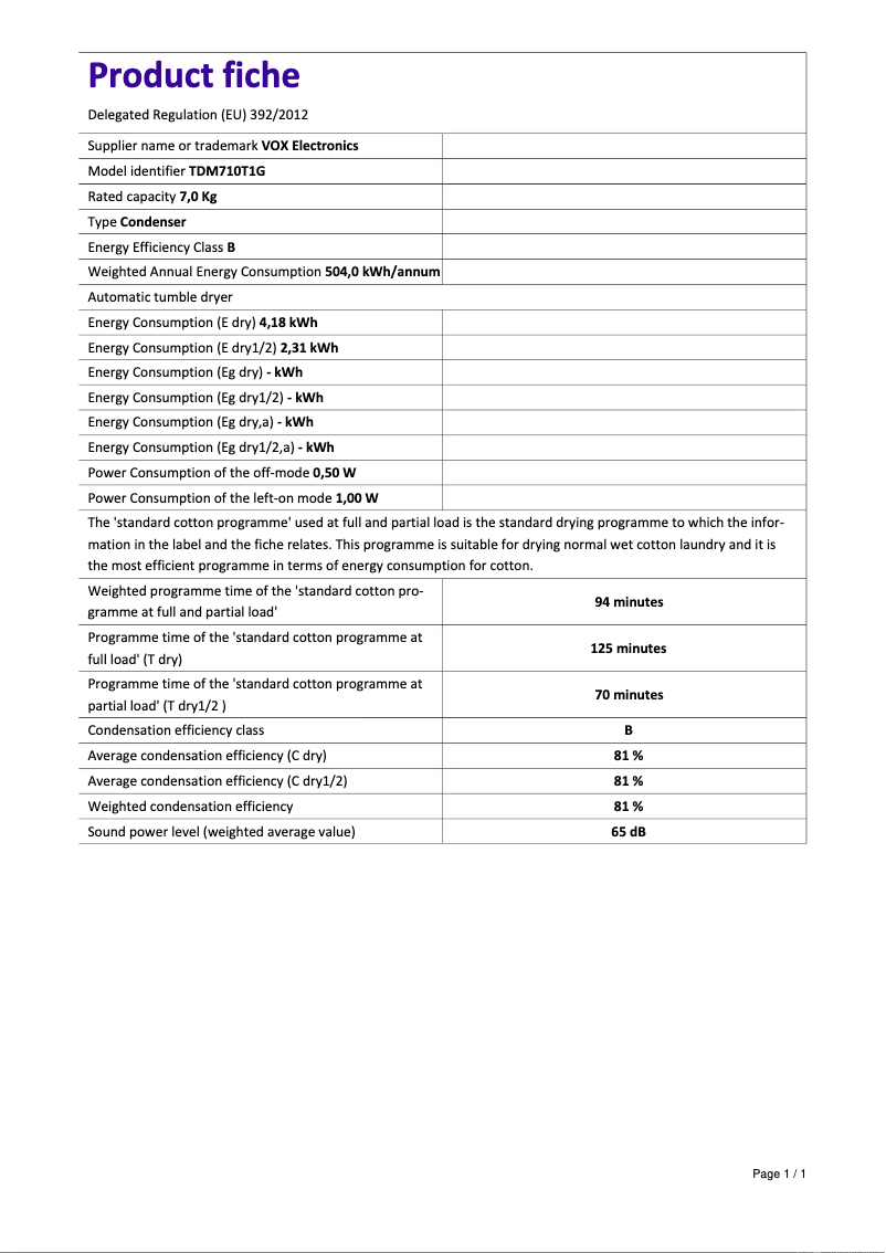 Page 1 de la notice Fiche technique VOX TDM-710T1G