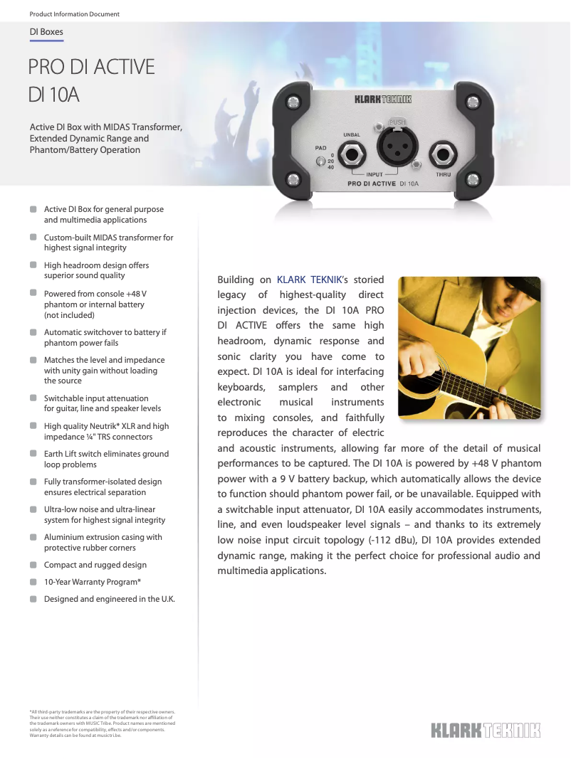 Page 1 de la notice Fiche technique Klark Teknik DI 10A