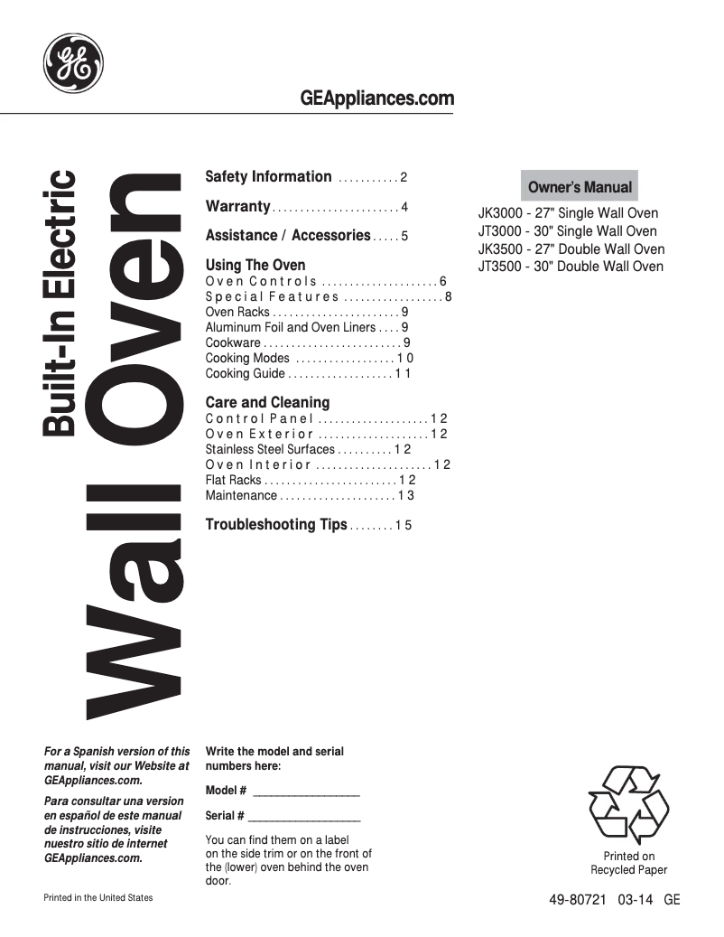 Page n°1 - Mode d'emploi GE JK3500SFSS