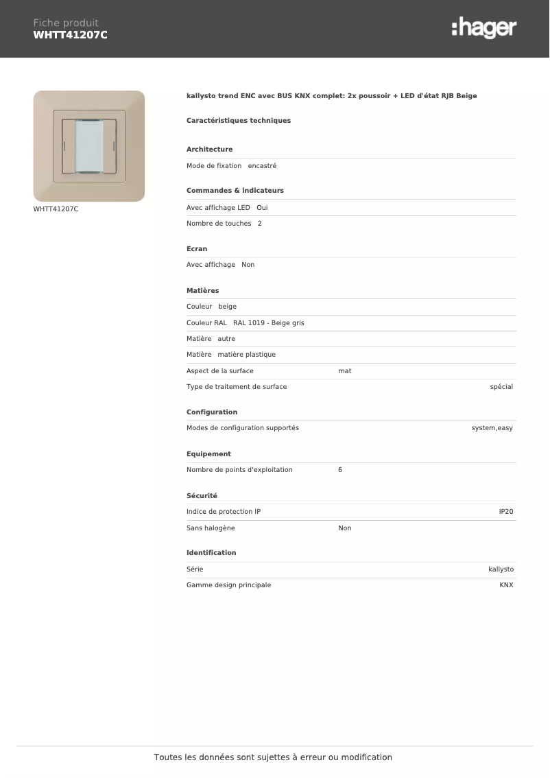 Page 1 de la notice Fiche technique Hager WHTT41207C