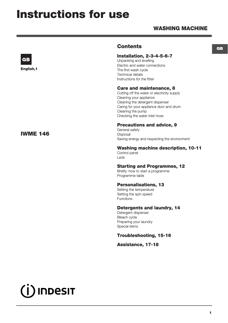 Page 1 de la notice Mode d'emploi Indesit IWME 146 UK