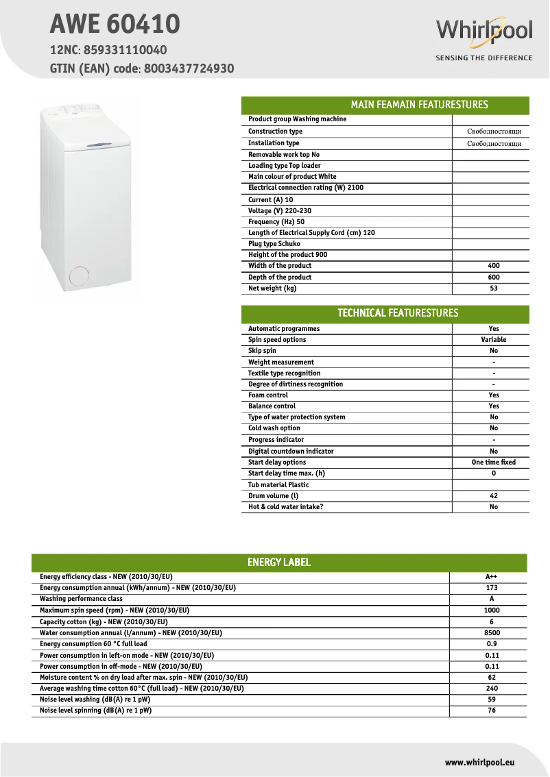 Página 1 del manual Ficha técnica Whirlpool AWE 60410