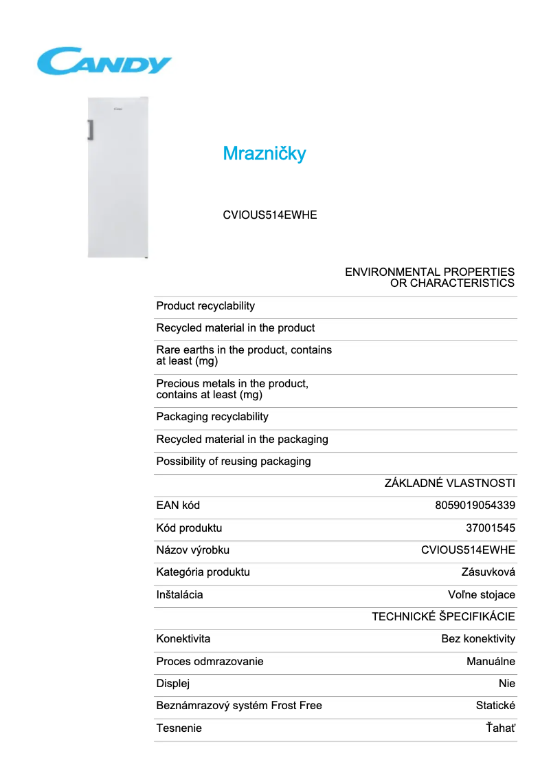 Page 1 de la notice Fiche technique Candy CVIOUS514EWHE