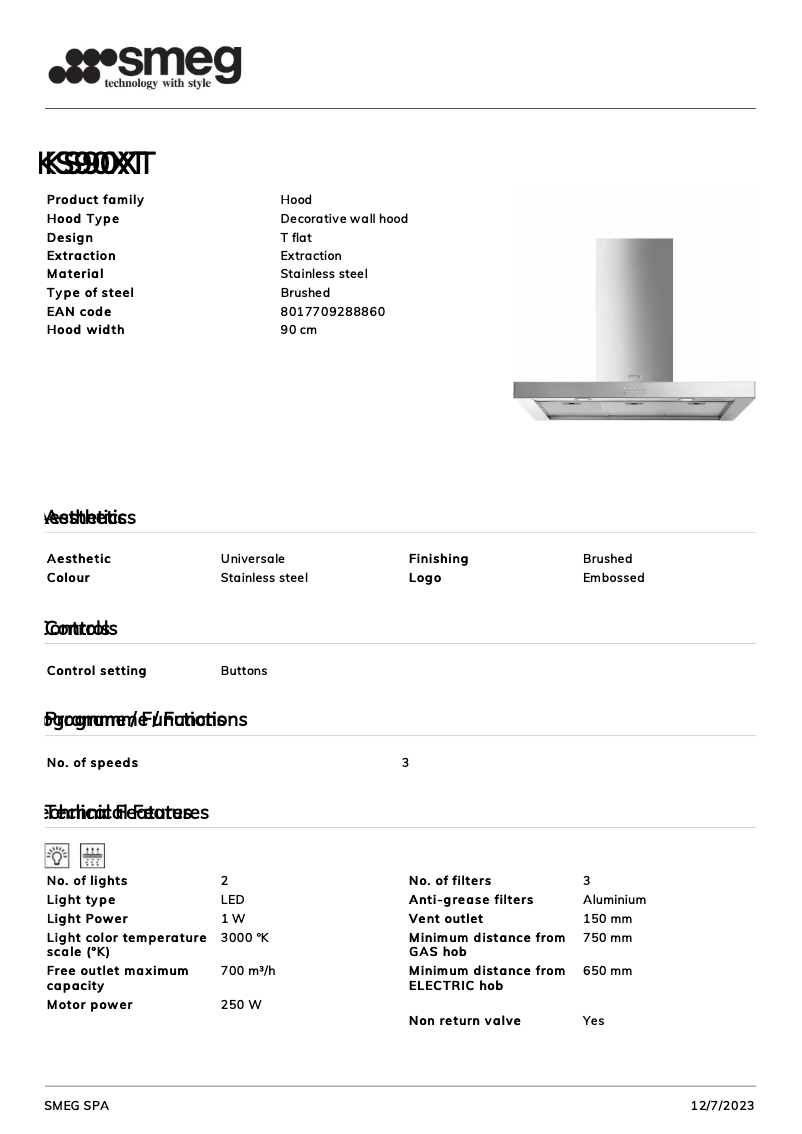 Page 1 de la notice Fiche technique Smeg KS90XT