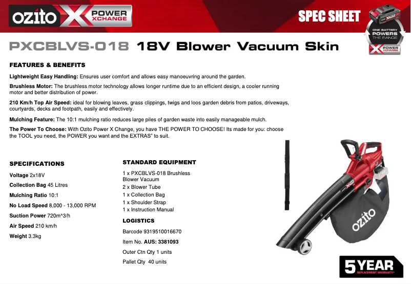 Page 1 de la notice Fiche technique Ozito PXCBLVS-018